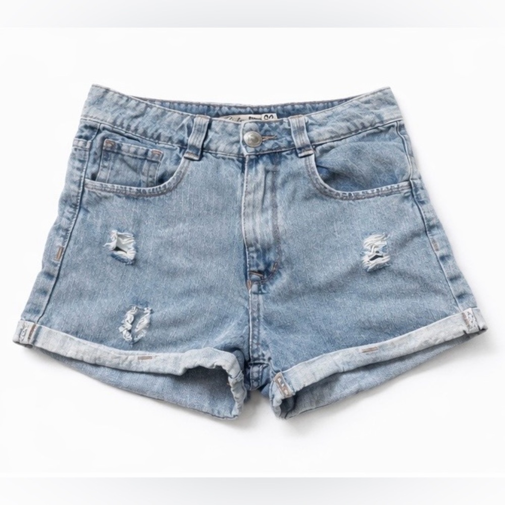 Andar Denim for Woman Distressed Denim Shorts Light Wash Rolled Hem Size 36